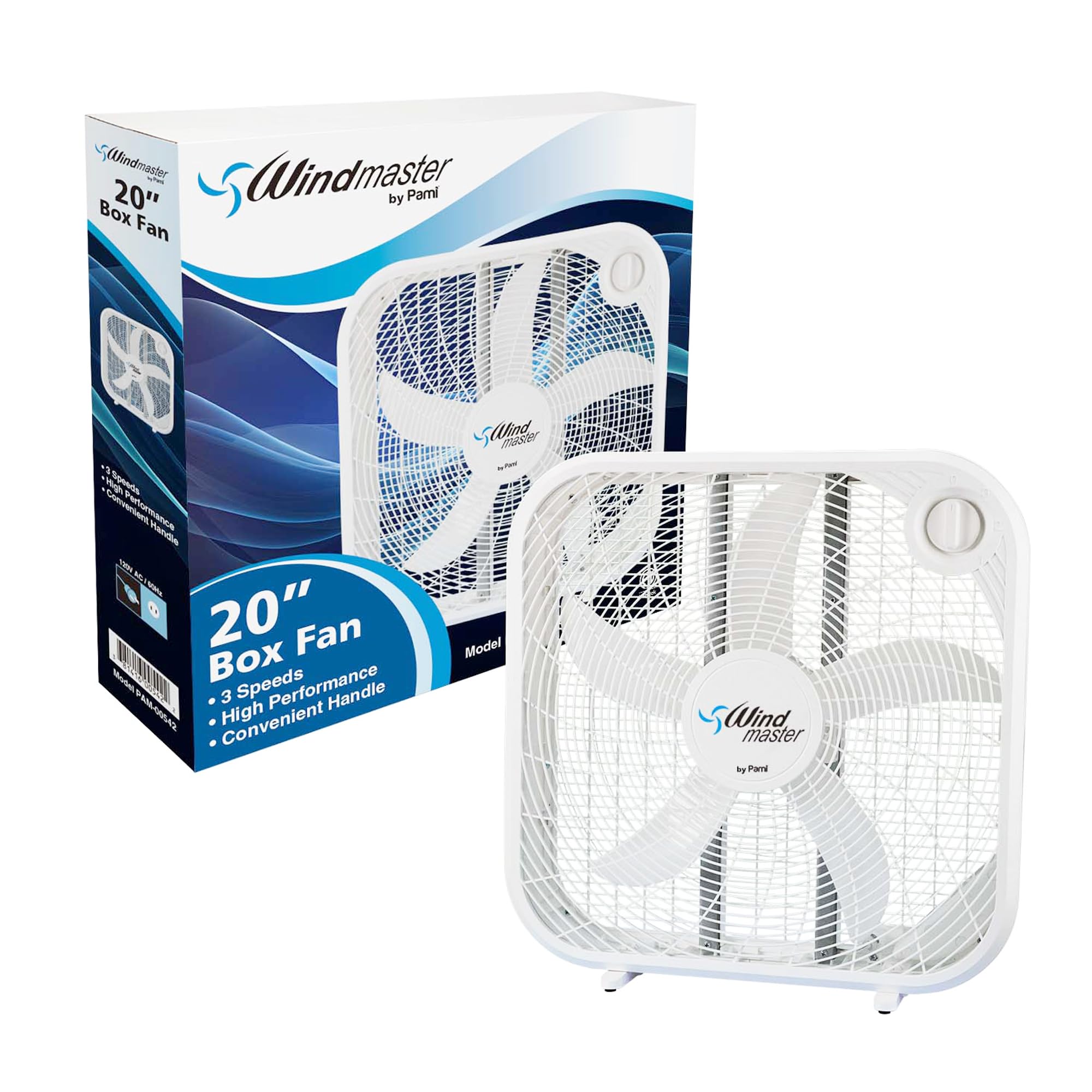 PAMI 20” High-Performance Box Fan - Portable Floor Fan With 3 Speed Levels & Carry Handle- Cooling Air Flow Technology Standing Room Fan- Electric Cooling Fan For Bedroom Home Dorm Office, White